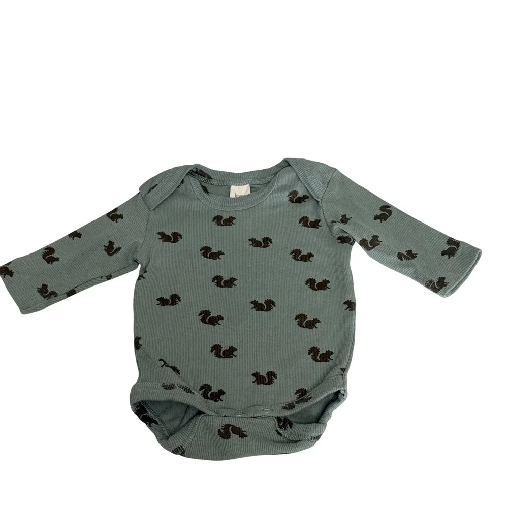 Kate Quinn Baby Squirrel Print Ribbed Organic Cotton Bodysuit Blue 0-3M Long Slv
